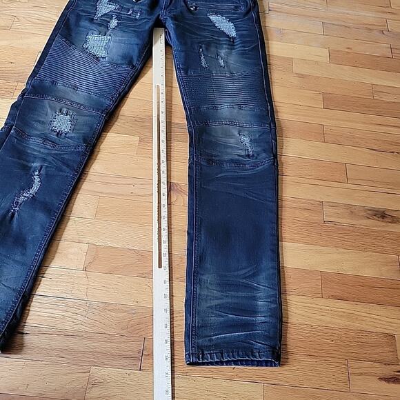 Makobi‎ Prado Biker Rip Repair Moto Jeans Blue Dark Wash Low Rise Straight Leg - Picture 8 of 11